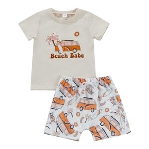 Boho Beach Babe Toddler 2-Piece Set Retro Surf Van Shorts & Tee Summer Outfit
